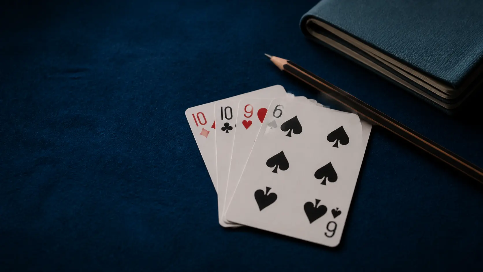 Rummy cards arranged on a blue felt table